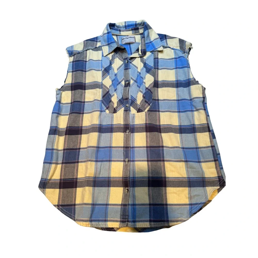 We The Free People Blue Yellow Plaid‎ Sleeveless Button Down Bib Top OB2064767 L - Picture 2 of 10